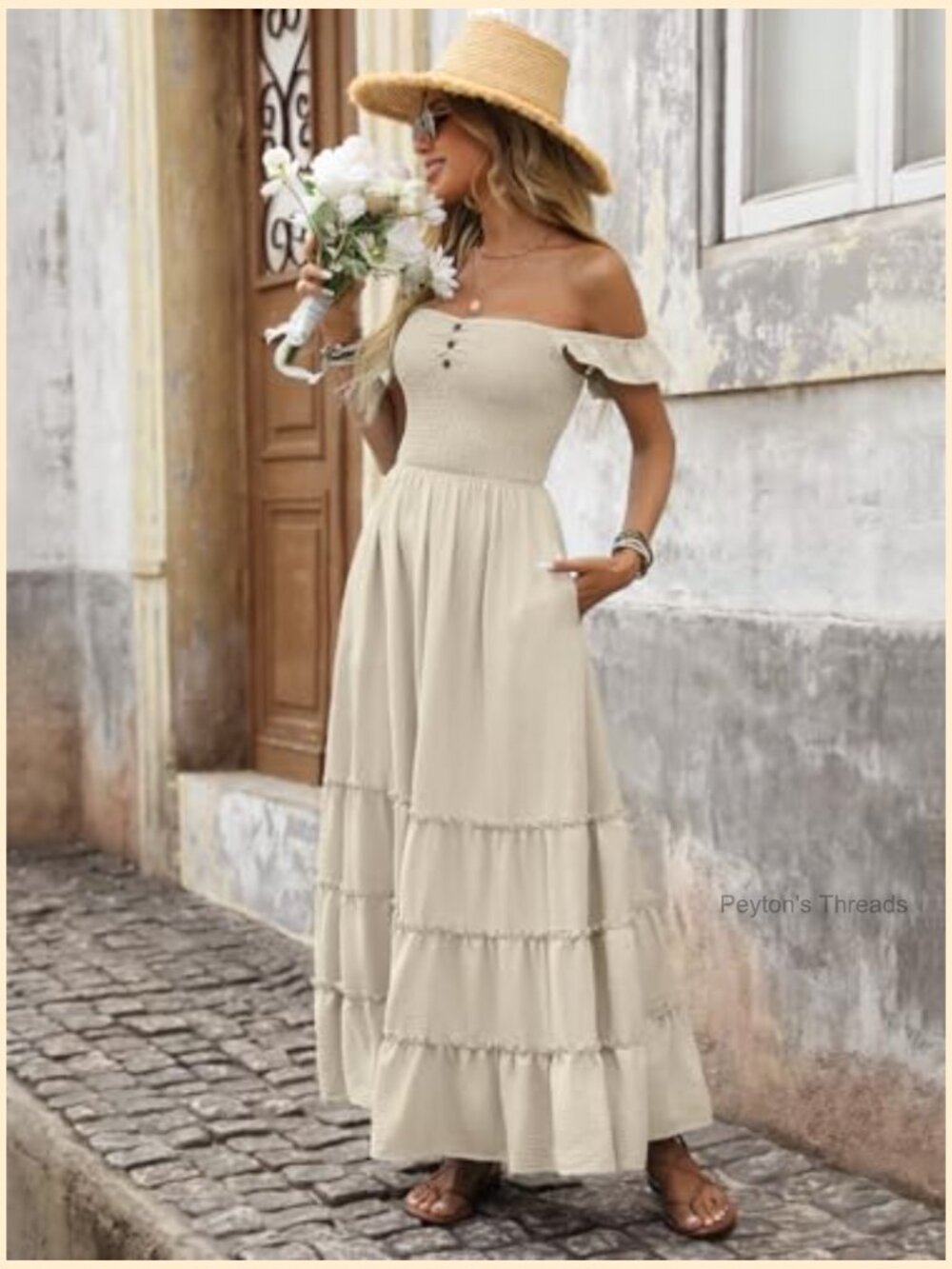 Off Shoulder Maxi Dress Smocked Backless Flowy Tiered Beach Sundress - Picture 5 of 7